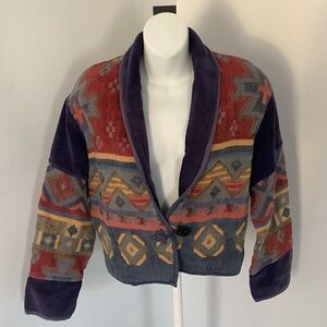 Anu by Natural Aztec Patterned Cropped One Button Jacket Sz. L